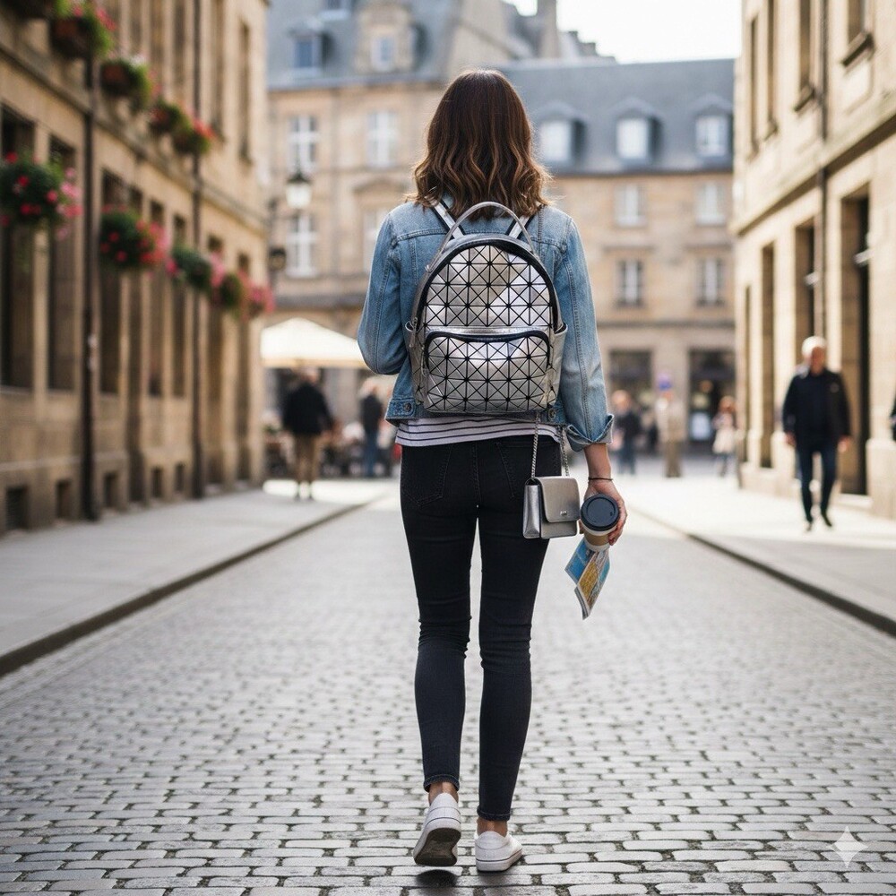 Sondra Roberts Squared Silver Metallic Geometric Pattern Mini Backpack Bag - Picture 1 of 15